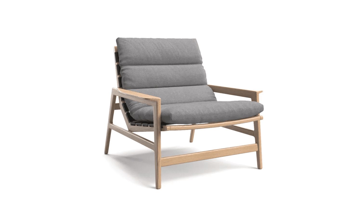 3D Rendering of a modern wooden lounge chair with gray upholstered seat and backrest on a white background