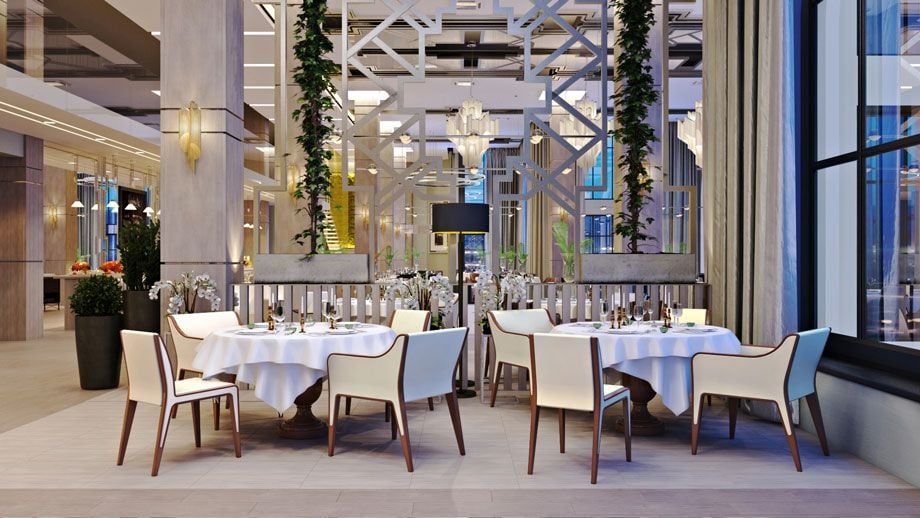 White Chairs in a Restaurant 3D Visualization