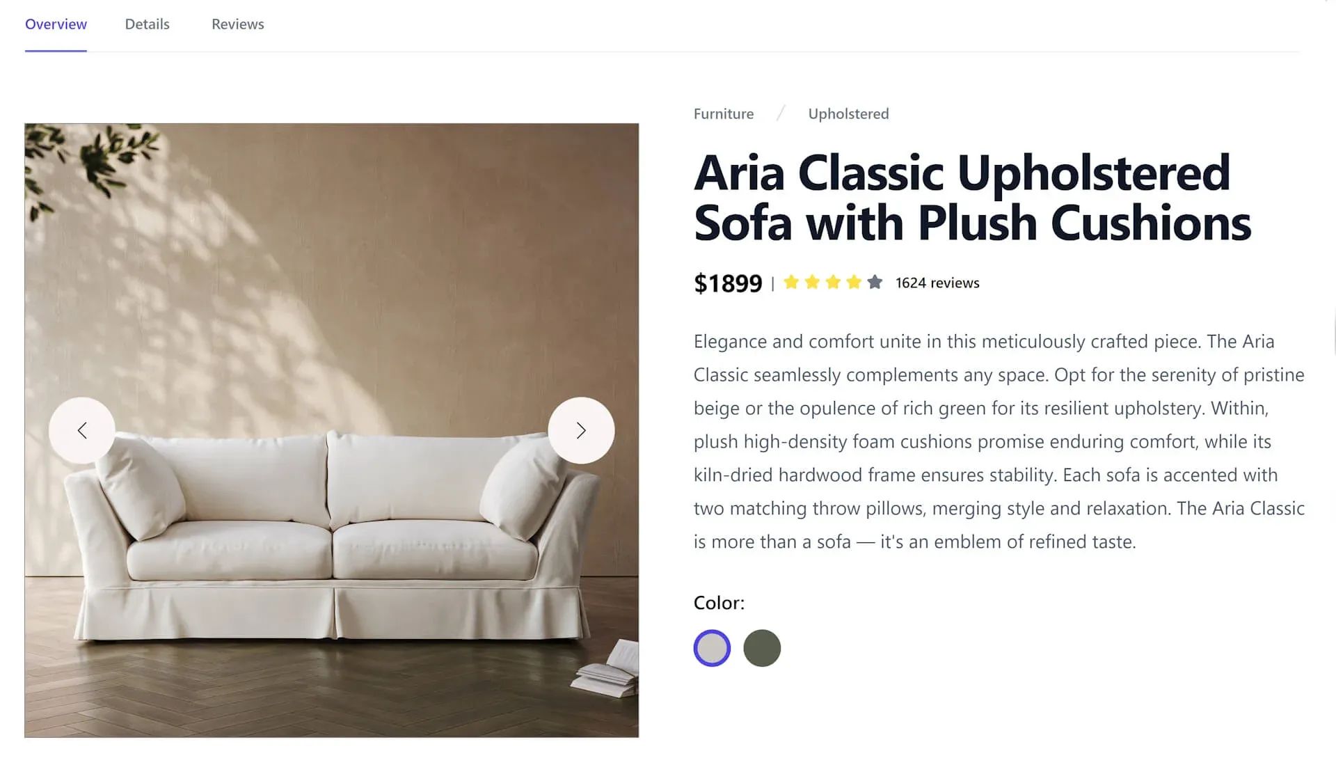 E-commerce product page with a rendering of a white sofa