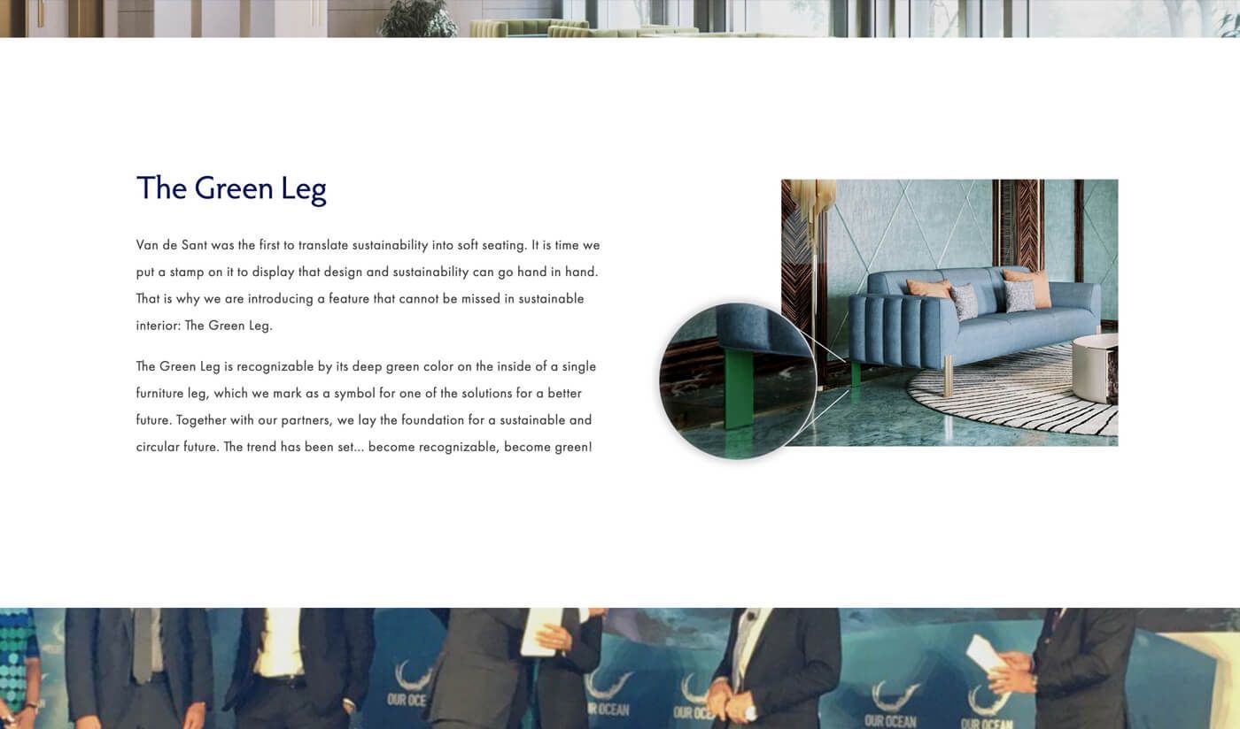 3D furniture modeling and rendering showcasing a sustainable sofa with green leg, 3D interior visualization