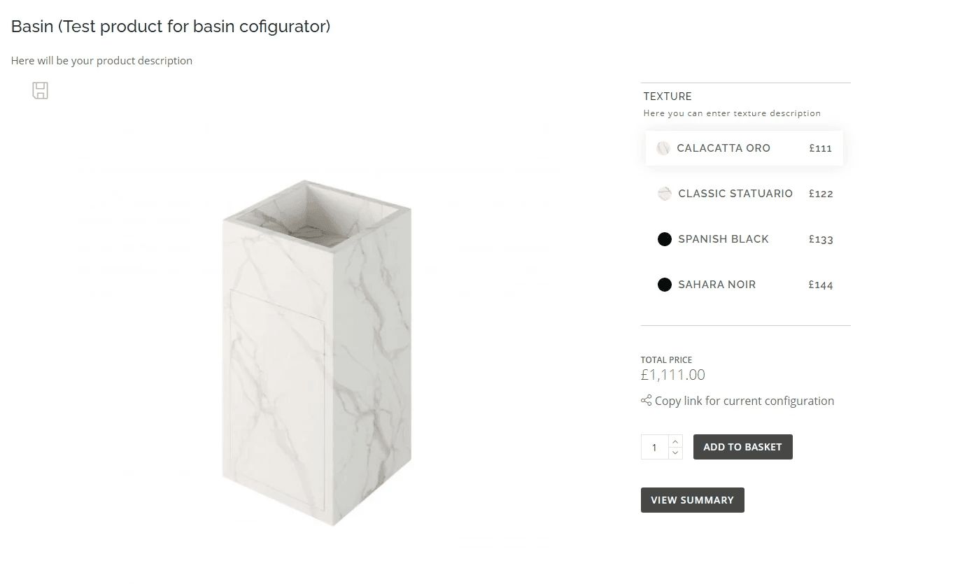 Screenshot of an online basin configurator showing a 3D model with texture and price options