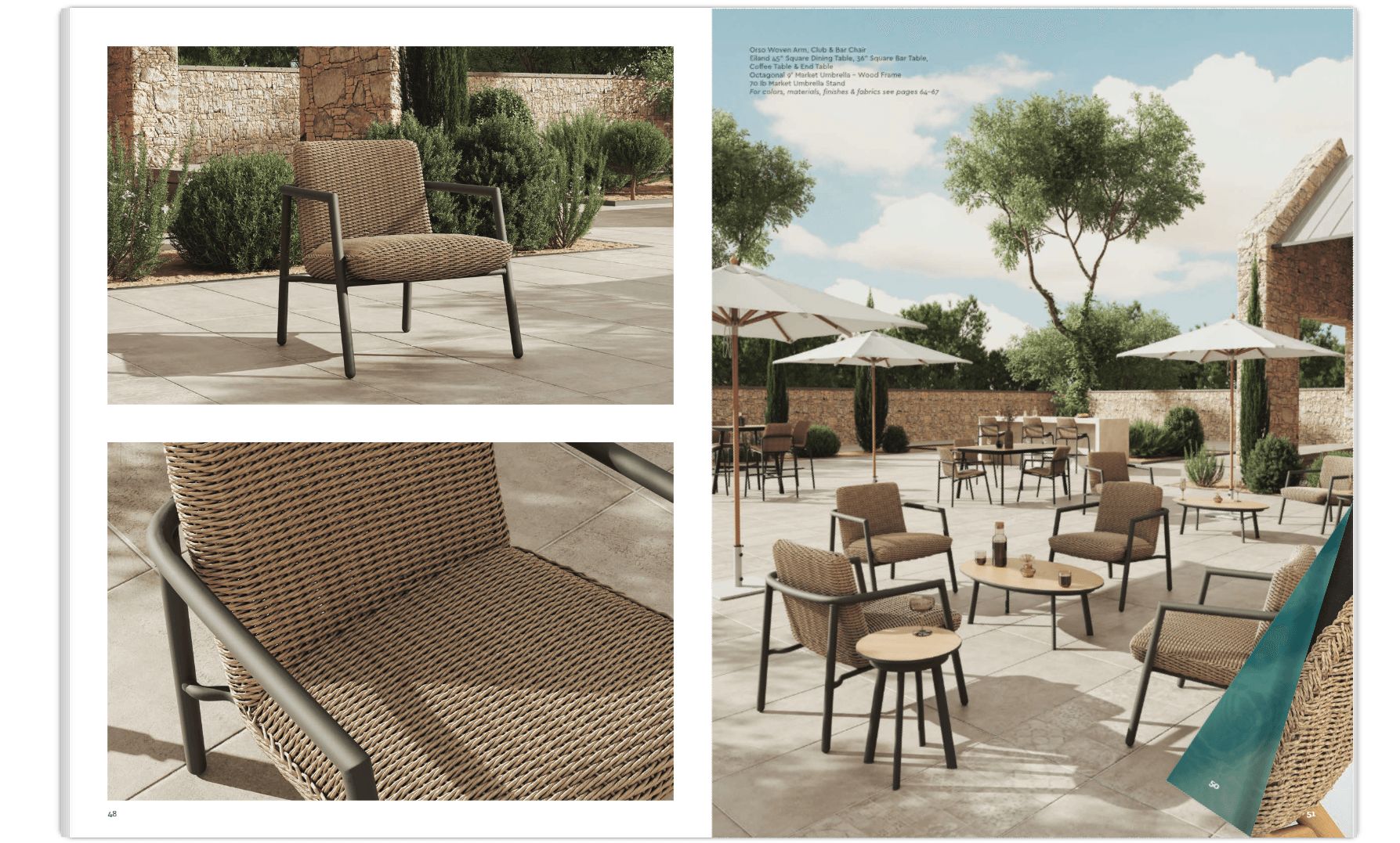CGI Photography shows a catalog spread with outdoor patio chairs, a close-up wicker texture view, and a full terrace seating scene