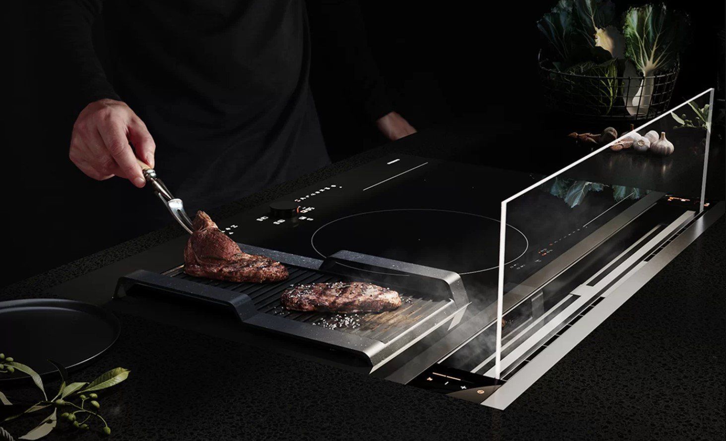 CGI rendering for a stove with meat being grilled