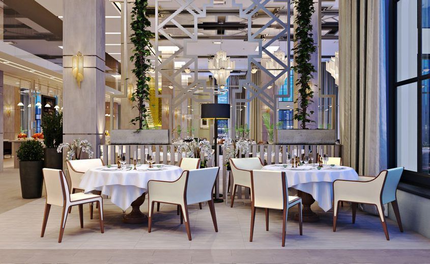 3D interior visualization of a modern restaurant space.