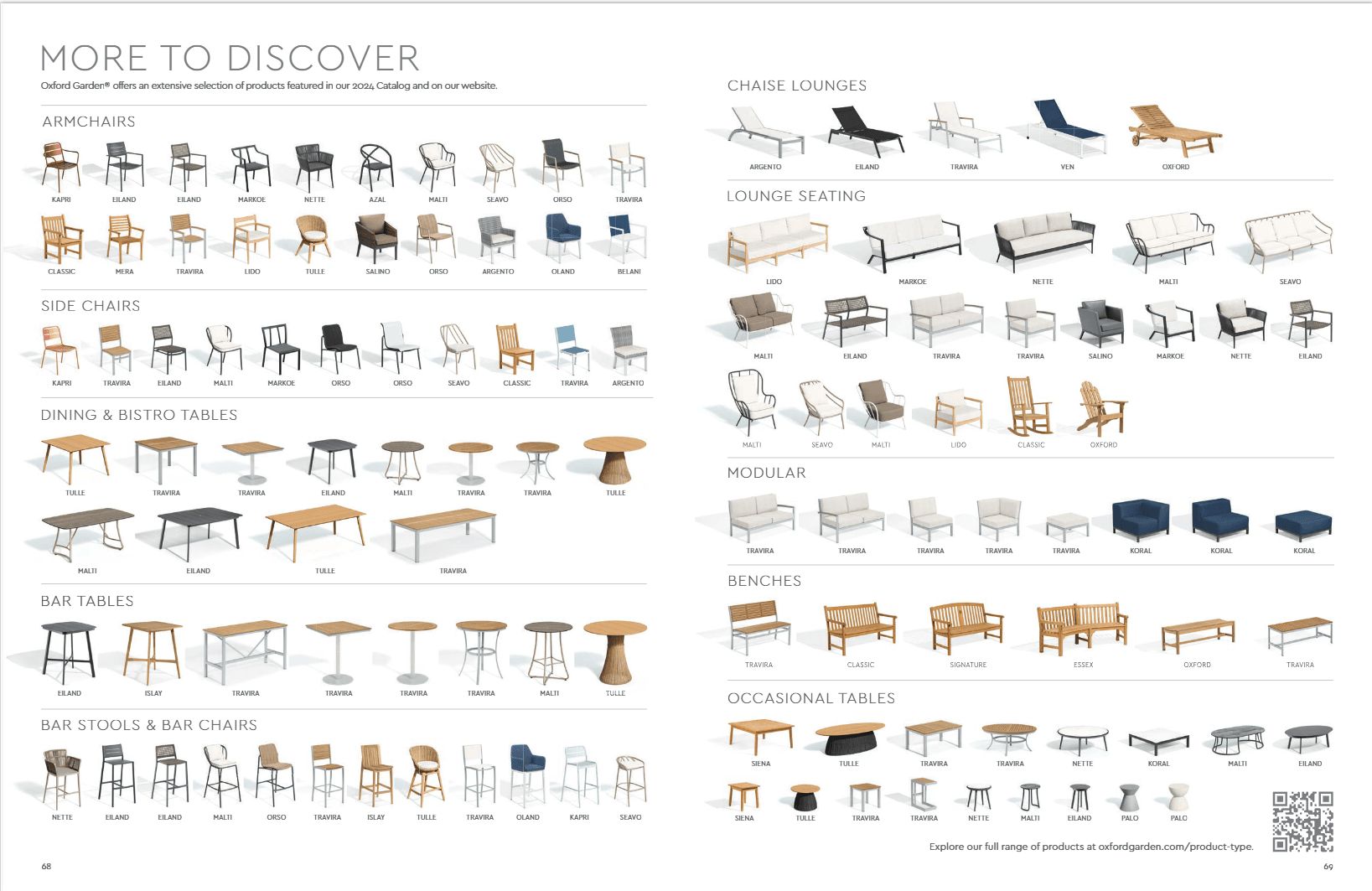 Product renders showing a full furniture collection with chairs, tables, loungers, benches, and modular seating