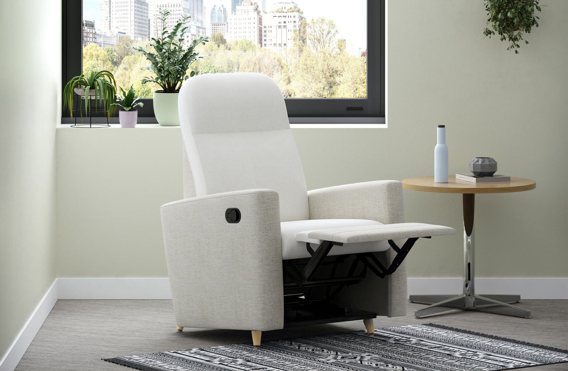 3D furniture modeling and rendering showcasing a modern recliner chair in a living room setting, highlighting 3D interior visualization and photorealistic rendering.