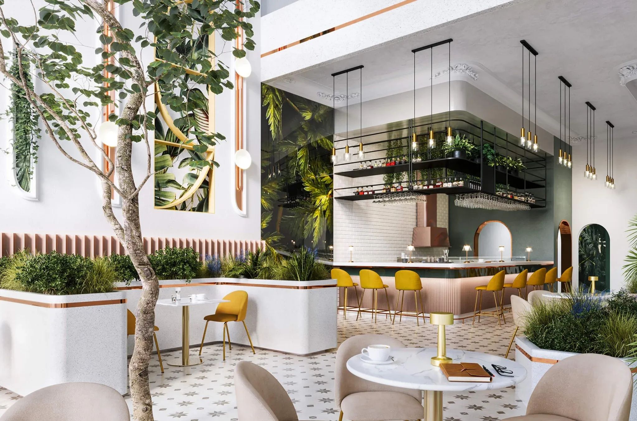 3D visualization of modern restaurant with marble bar, yellow chairs, greenery, and pendant lighting