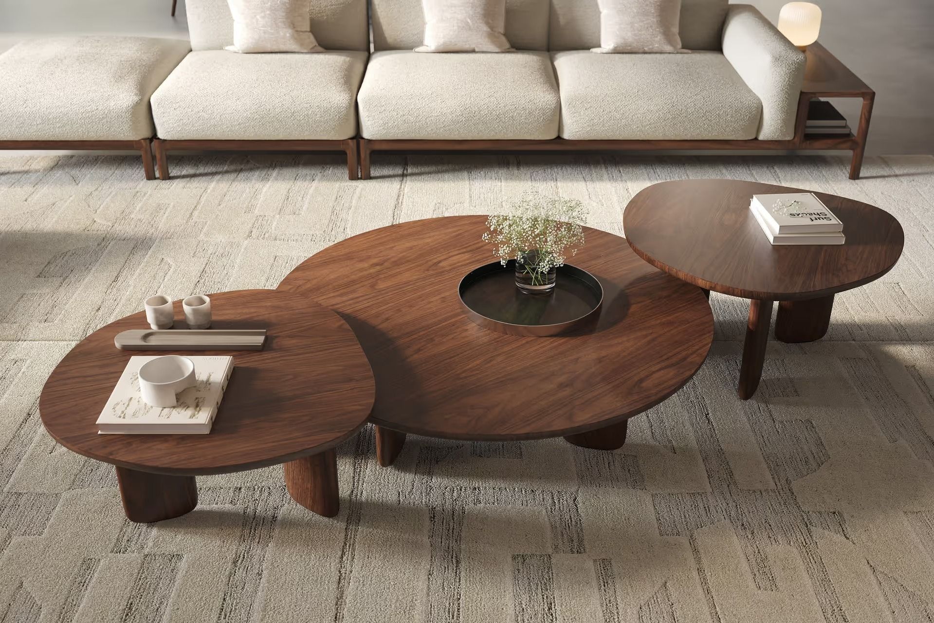 3D rendering of a modern living room with wooden nesting coffee tables and a sofa