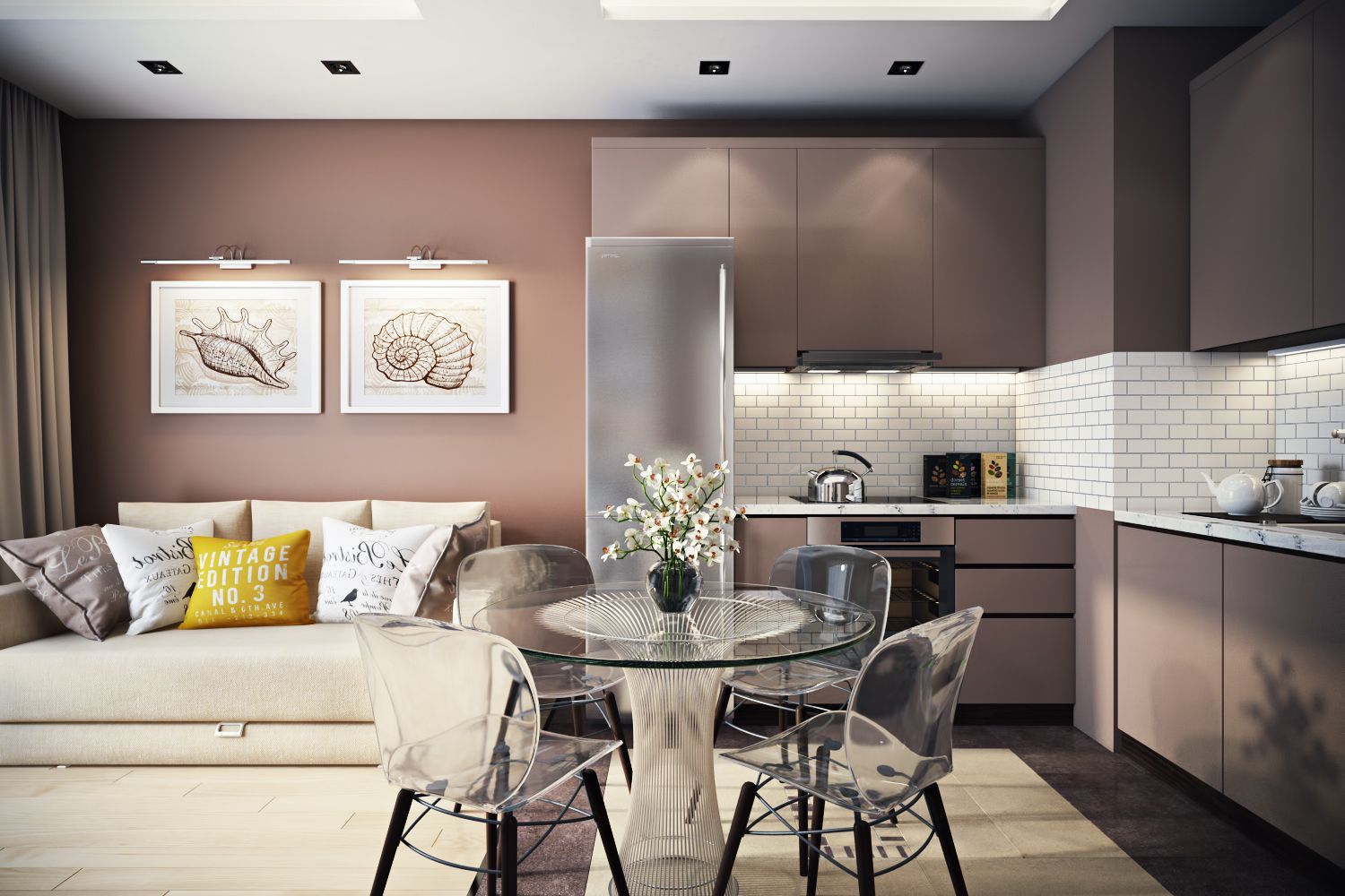 3D-rendered interior visualization of a kitchen-living space with light beige kitchen cabinets.