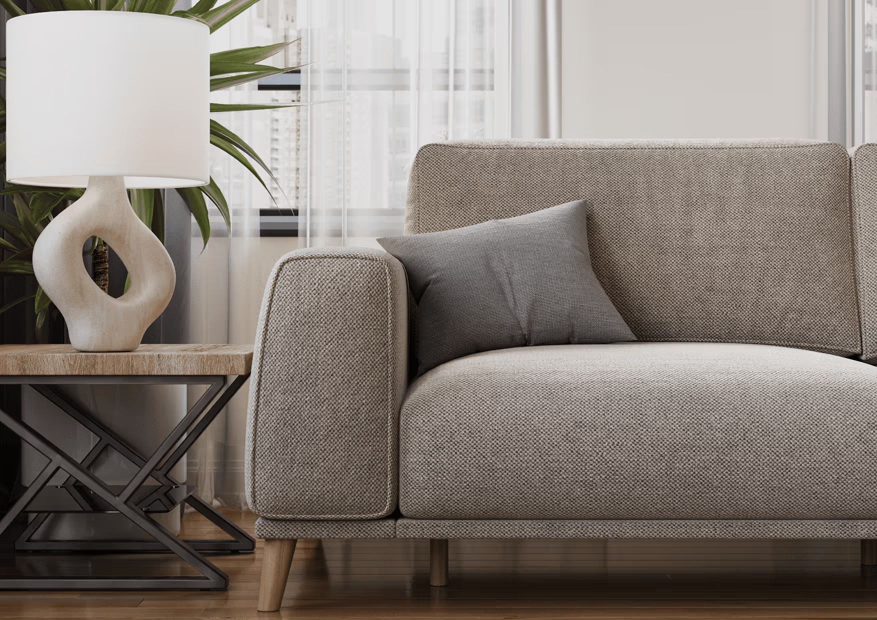 Close-up 3D visualization for a beige sofa with a cushion