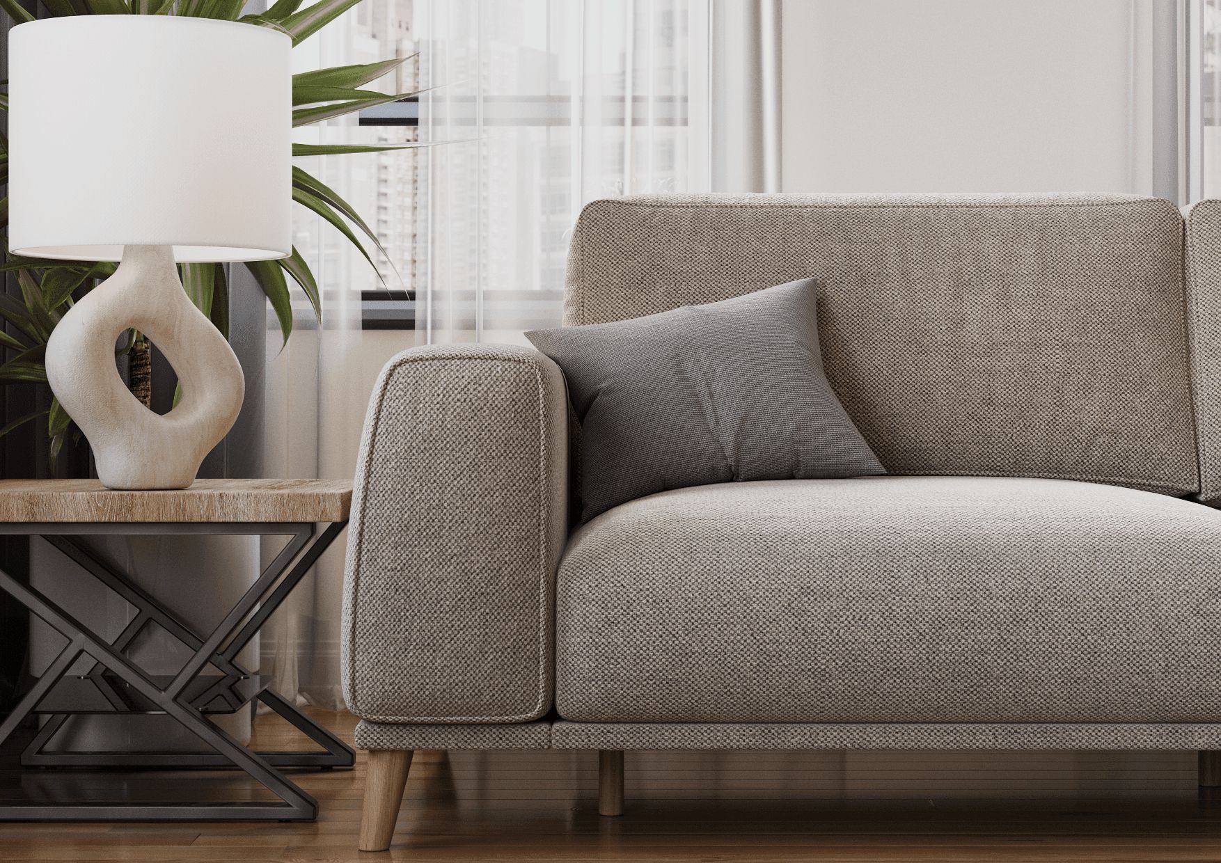 Close-Up CG Shot of a Grey Sofa