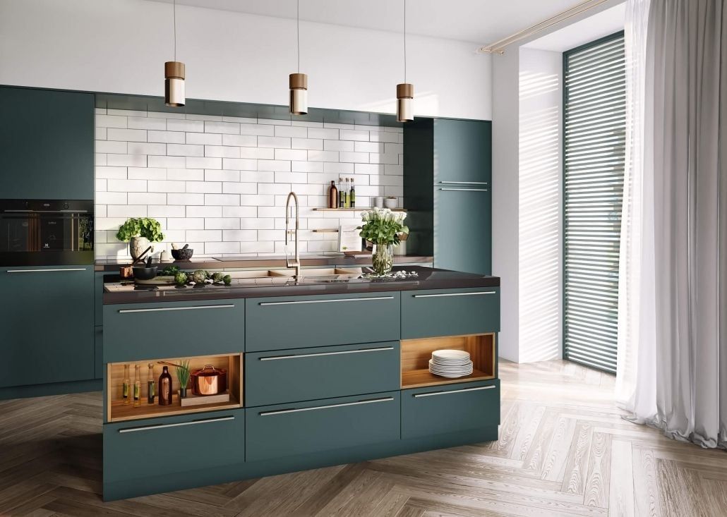 3D visualization of a green kitchen after post-production editing.