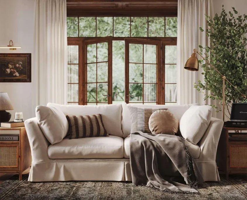 Product lifestyle rendering for a sofa in a cozy living room