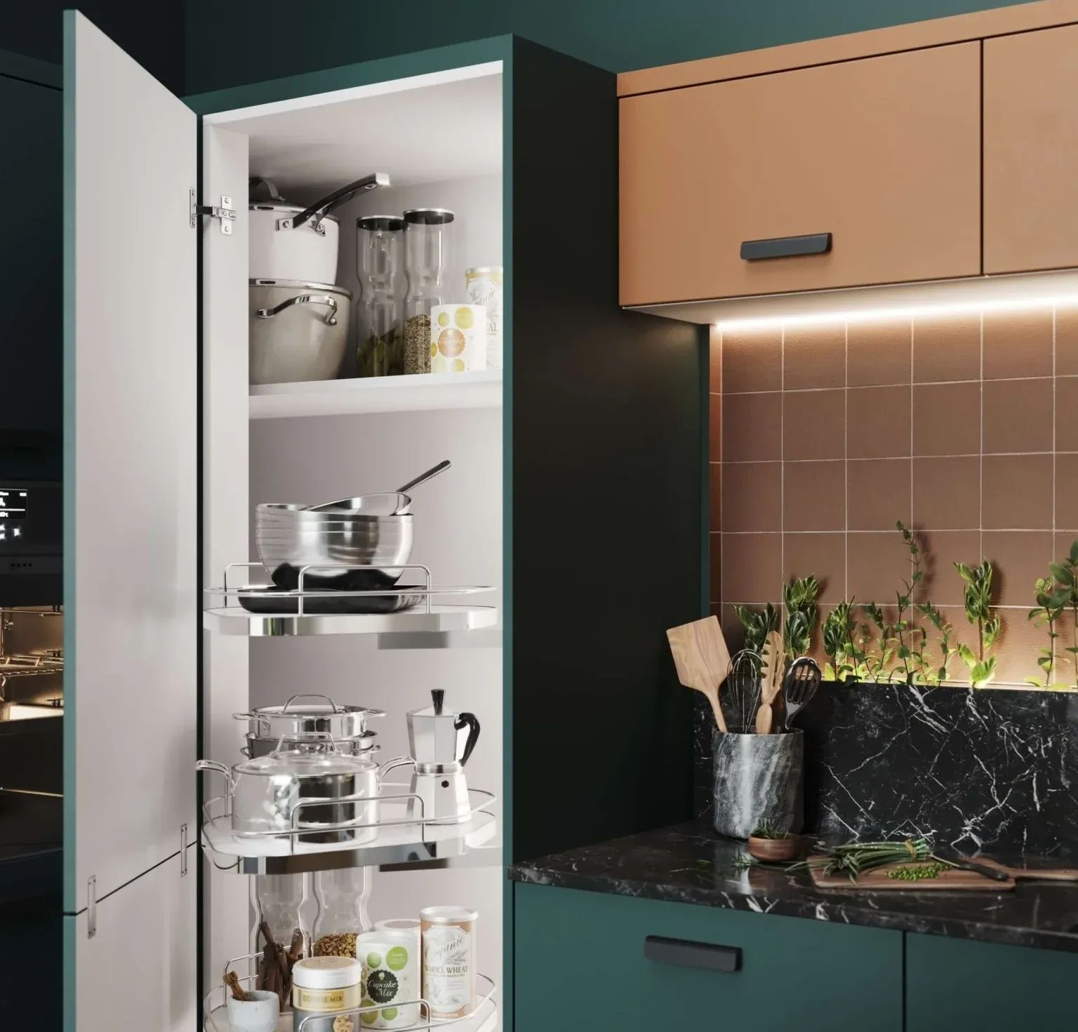 Lifestyle 3D rendering of a modern kitchen with open cabinet storage