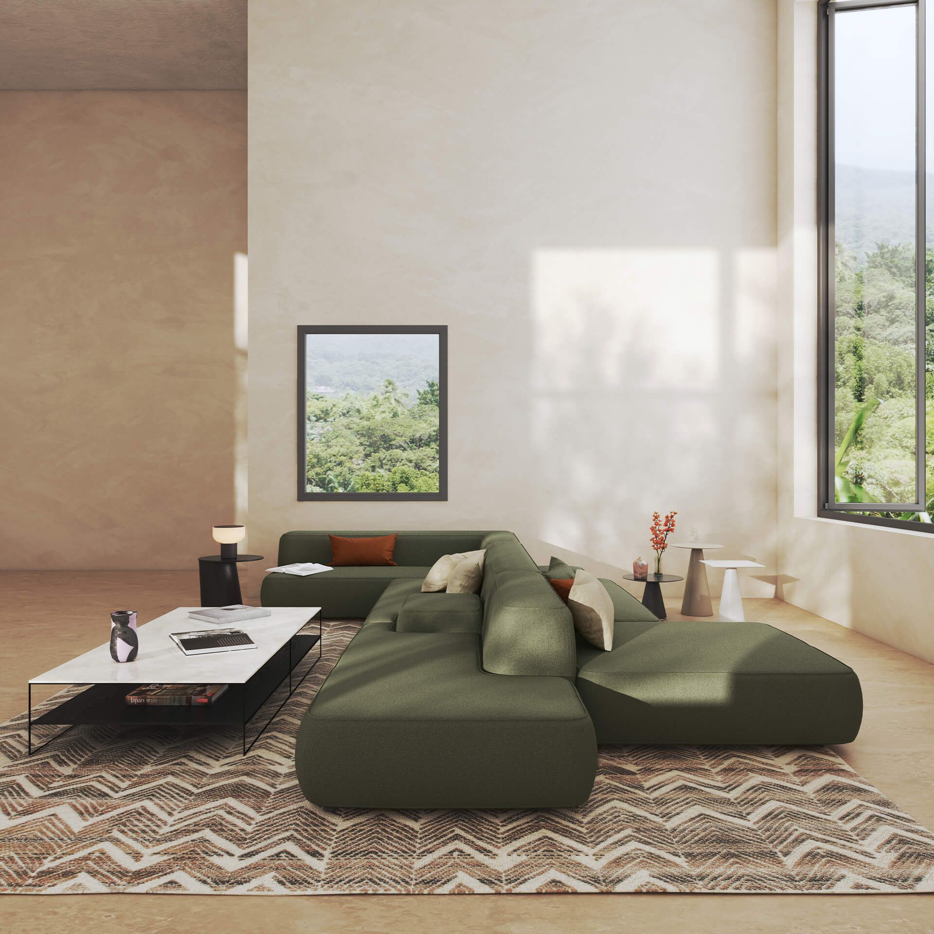 In the context of e-commerce product trends, a sophisticated living room showcases the convenience of online furniture shopping, reflecting the rise of AI in personalization for a customized shopping journey.