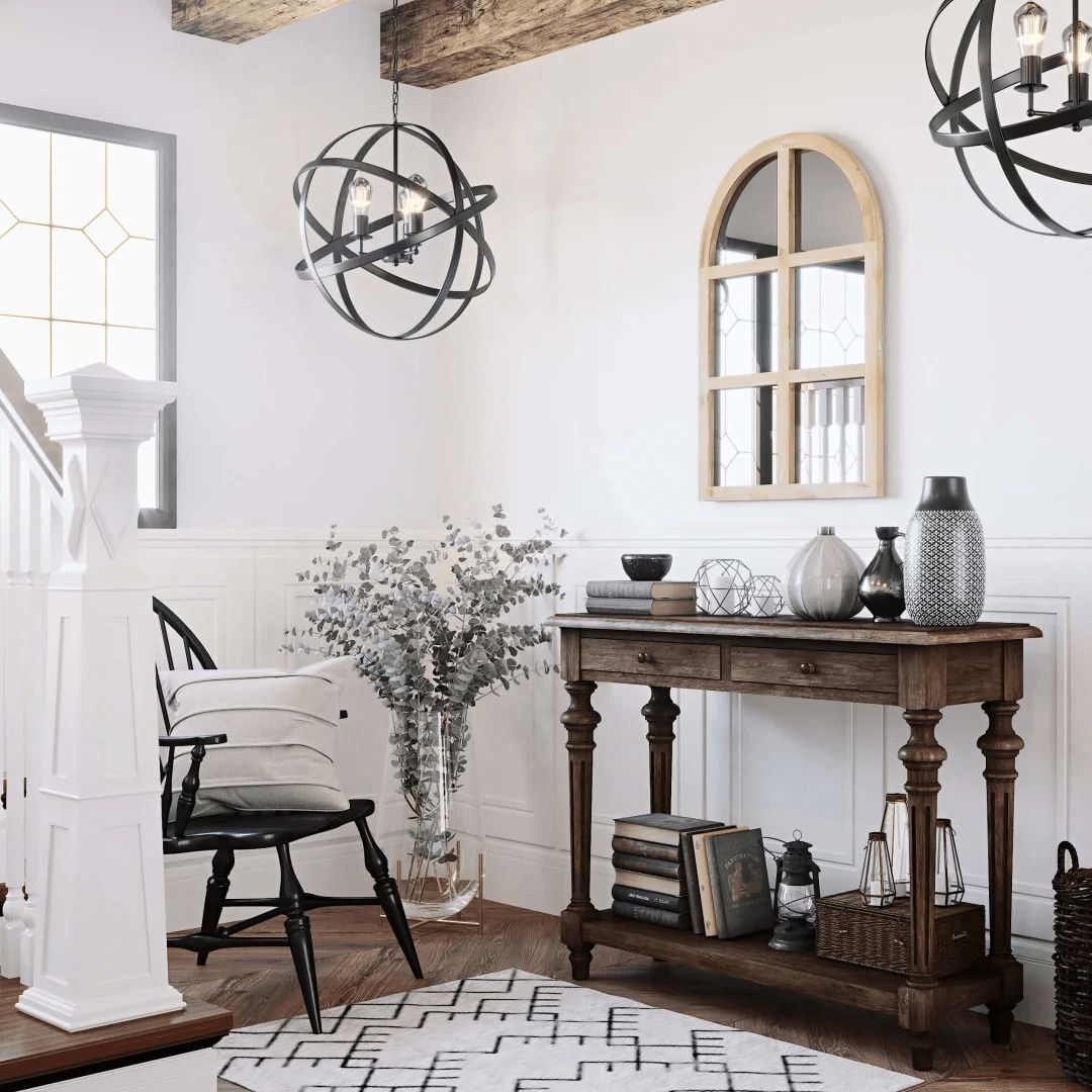 Product Rendering for a Hallway with a Wall Mirror and Wooden Furniture