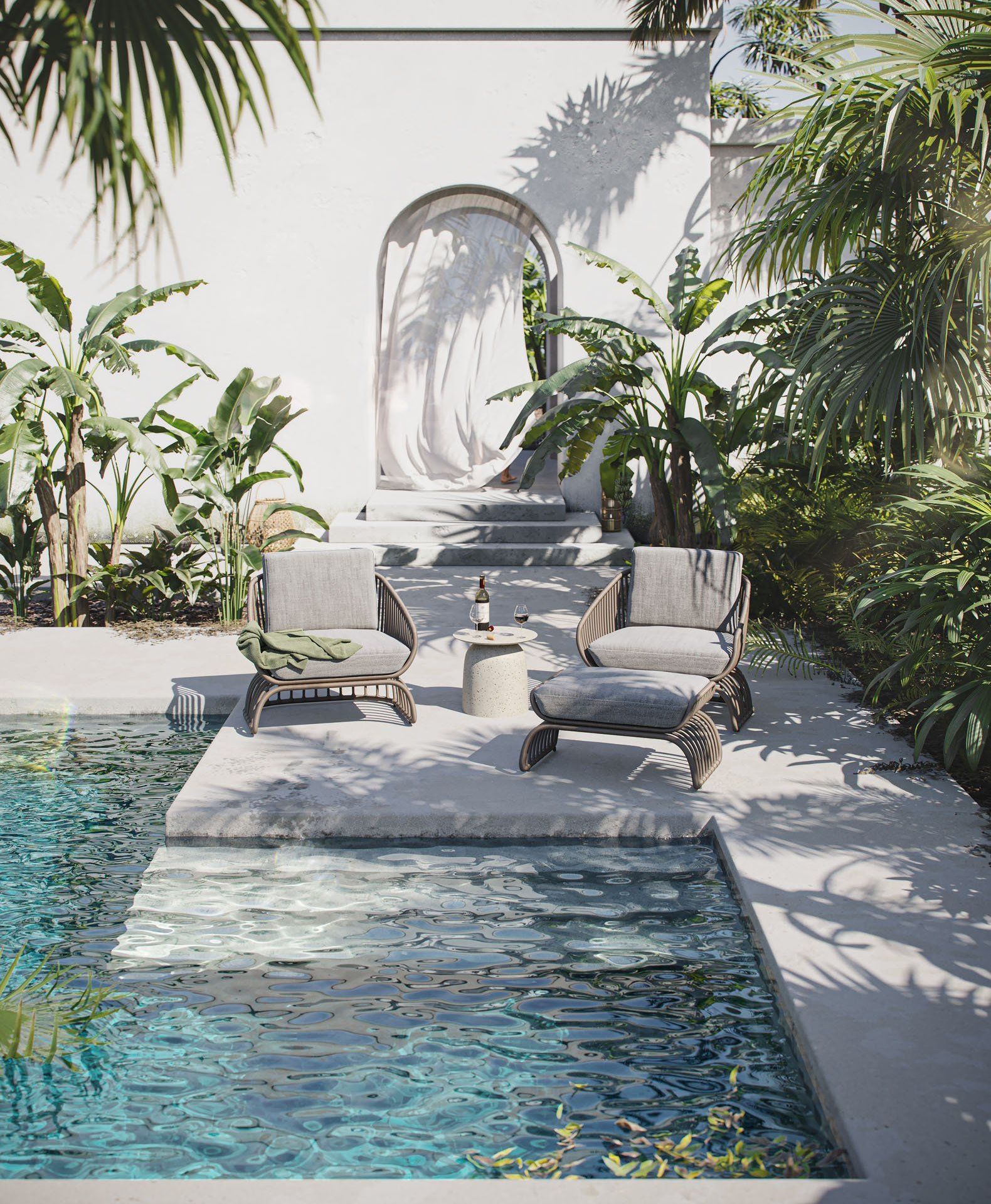 3D-rendered product visualization of outdoor furniture placed next to a swimming pool.