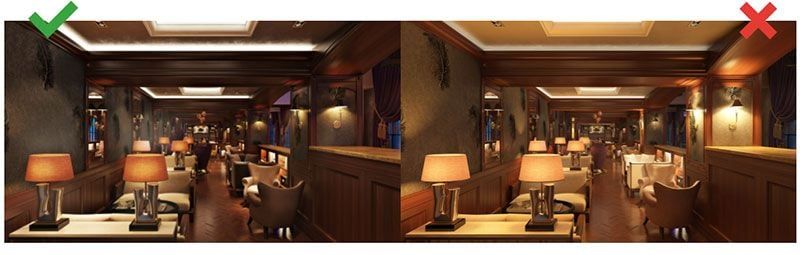 Two 3D Renderings of a Restaurant with Good and Bad Lighting