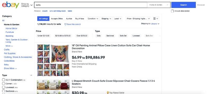 An eBay Online Page Where One Can Sell or Buy Furniture Pieces