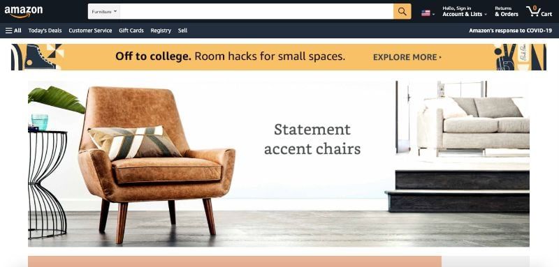 Main Page of Amazon Online Store Where Furniture Brands Sell their Products