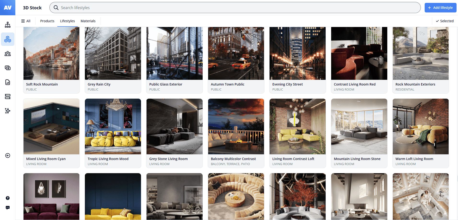 3D library interface with categorized lifestyle scenes for creating 3D lifestyle renders in different interior styles