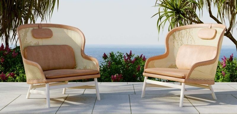 Two Rattan Chairs in a Garden for a Furniture Catalog