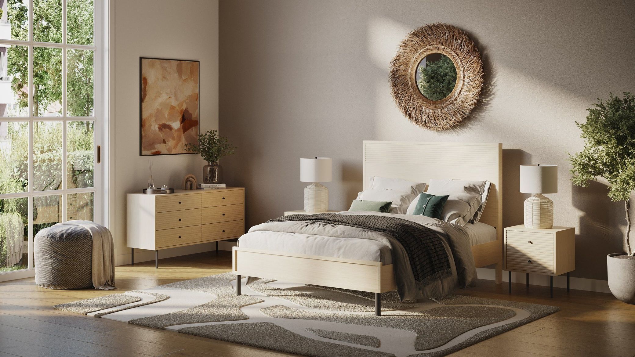 Product Rendering of a Bright Minimalist Bedroom with Wood Furniture and Round Decor