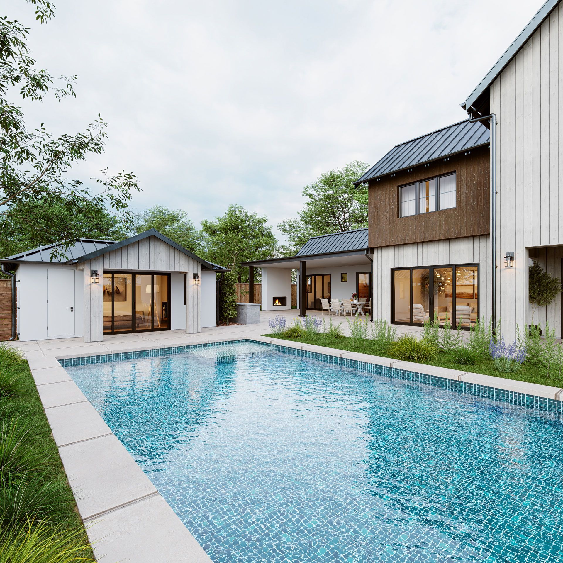 3D Rendering of a modern house with a large backyard pool and textured tile patio
