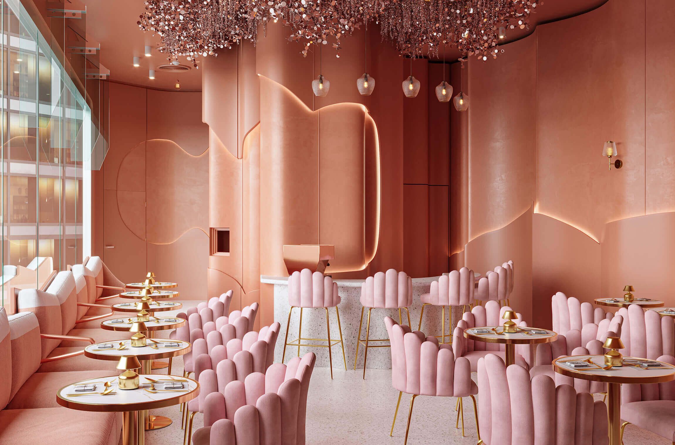 Commercial Interior Render for a Pink Restaurant