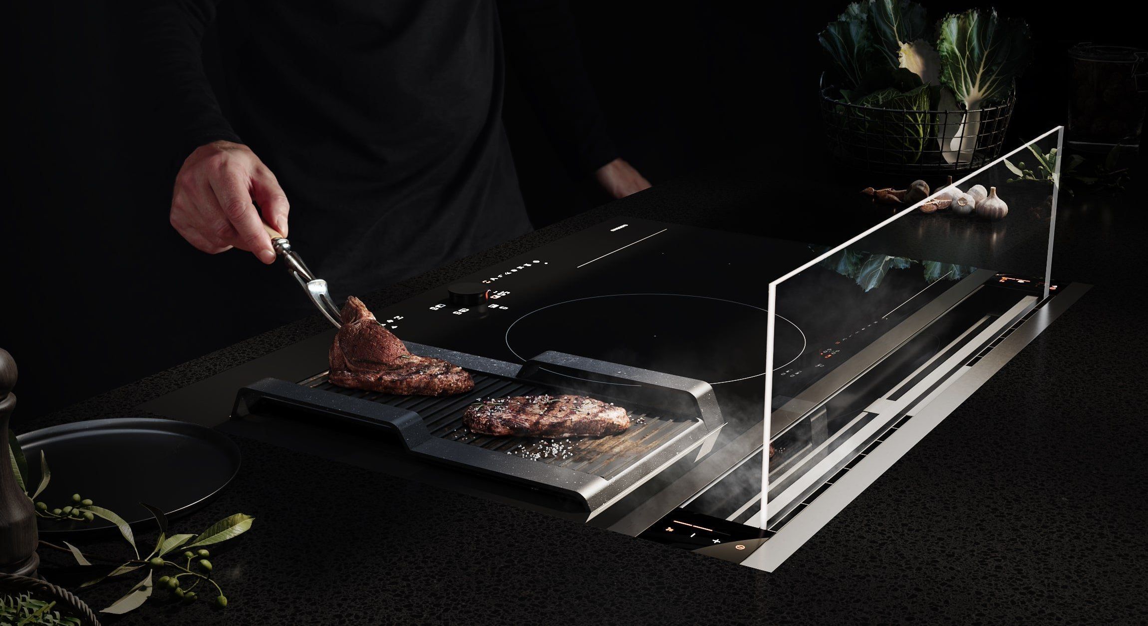 3D Rendering of Steak Cooking on Modern Induction Stove