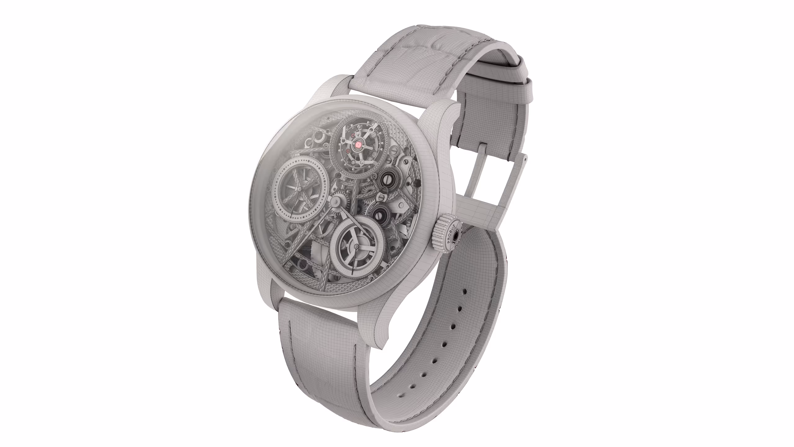 3D Rendering of a Skeleton Wristwatch in Grayscale Wireframe