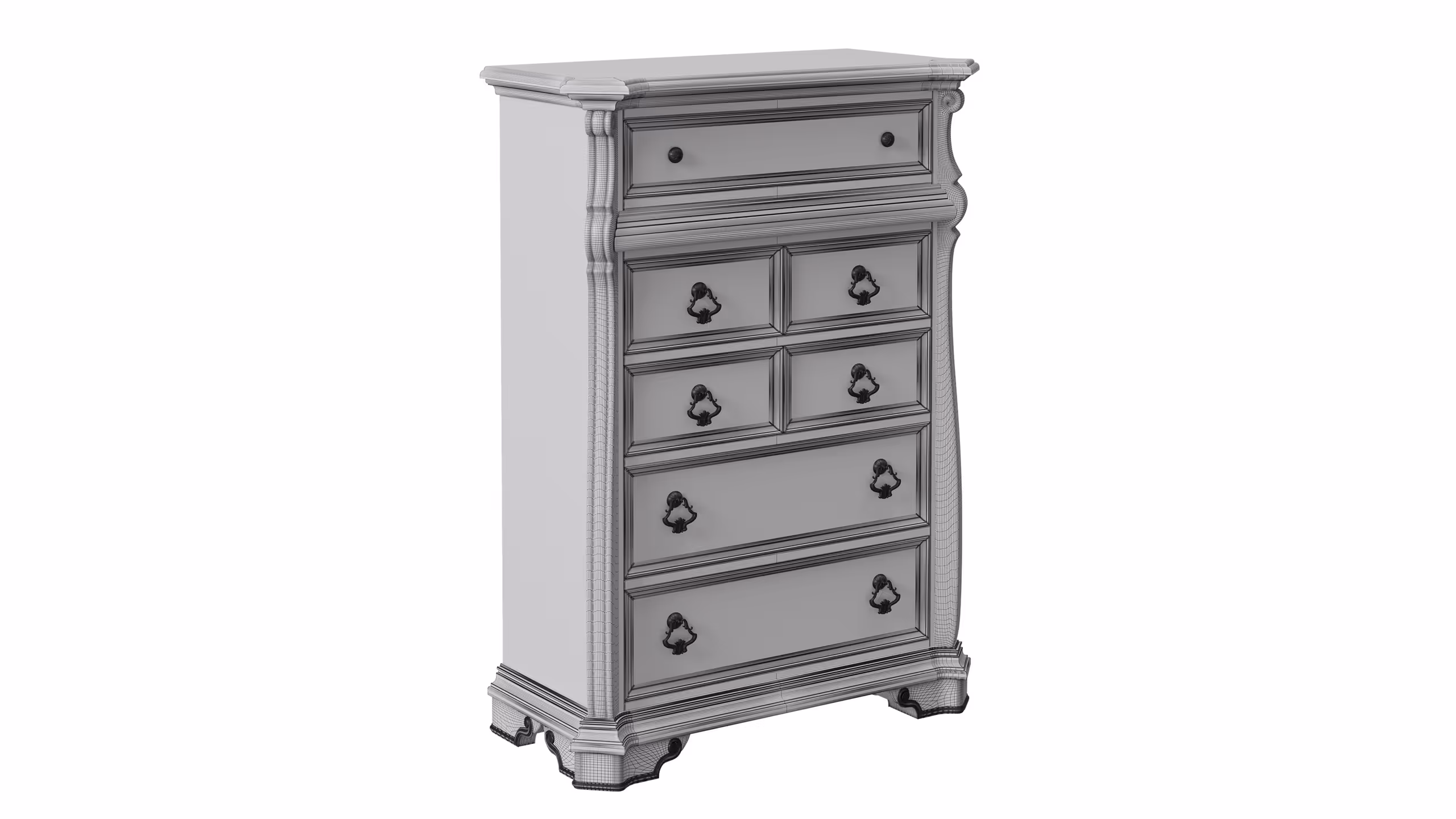 High-quality 3D rendered furniture visualization of a classic dresser showcasing detailed 3D modeling and texturing.