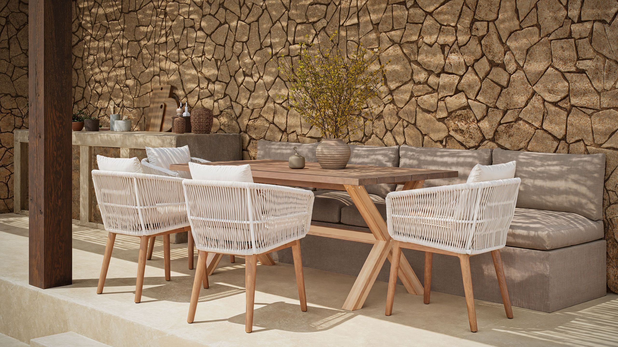High-quality 3D rendering of a modern outdoor patio furniture set