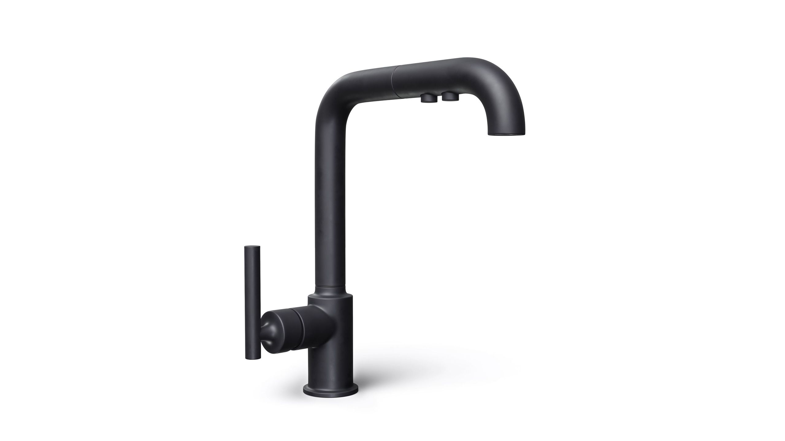High-quality 3D product model and rendering of a modern black faucet, showcasing photorealistic visualization and CGI rendering.