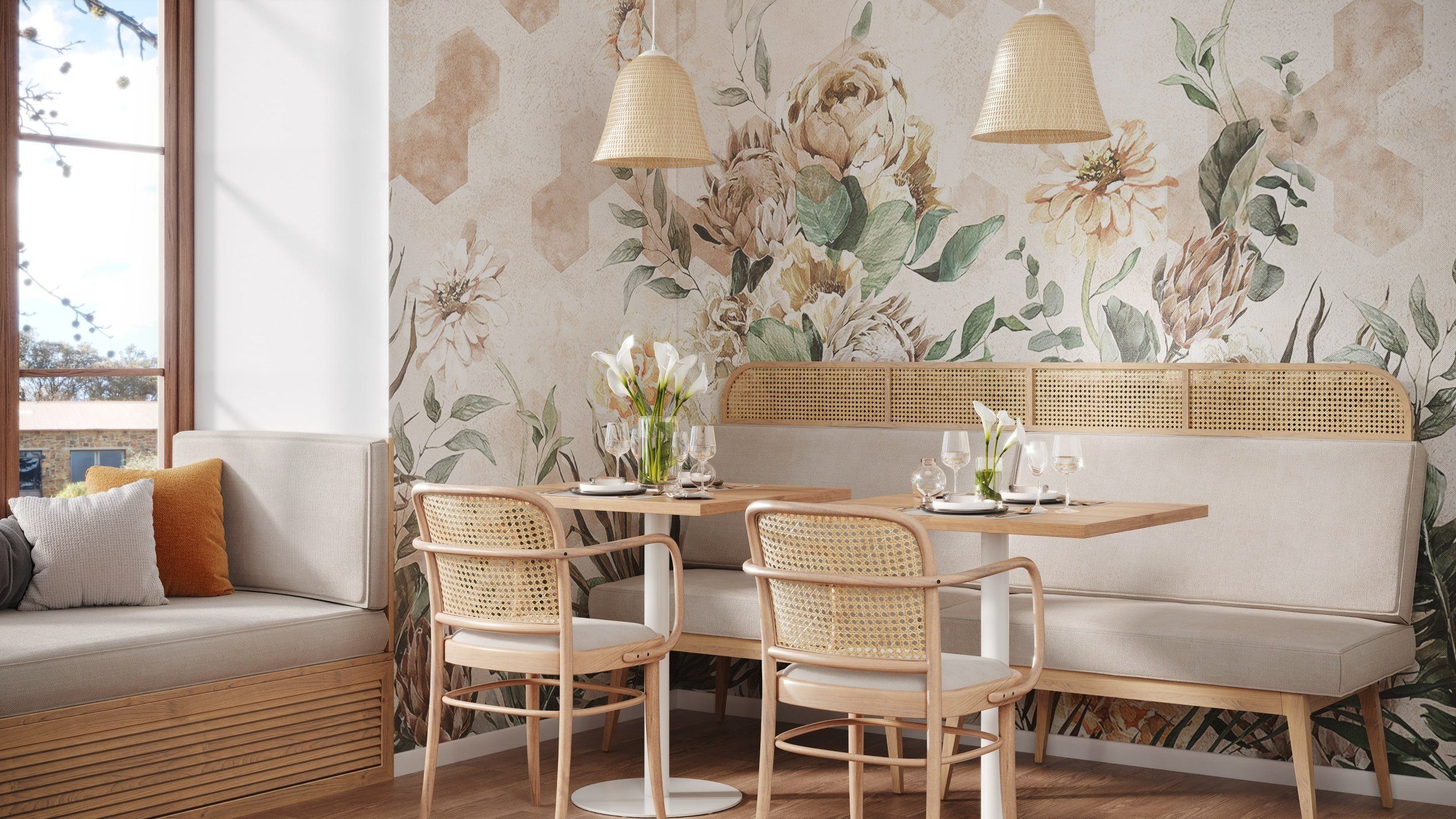 3D Visualization of Floral Wall Covering in Cozy Café Interior