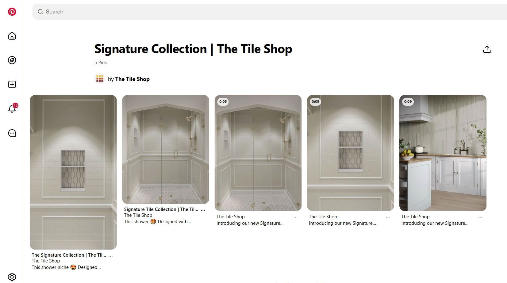 3D Visualization for tiles showing a Pinterest board with multiple photorealistic renders of shower tile designs
