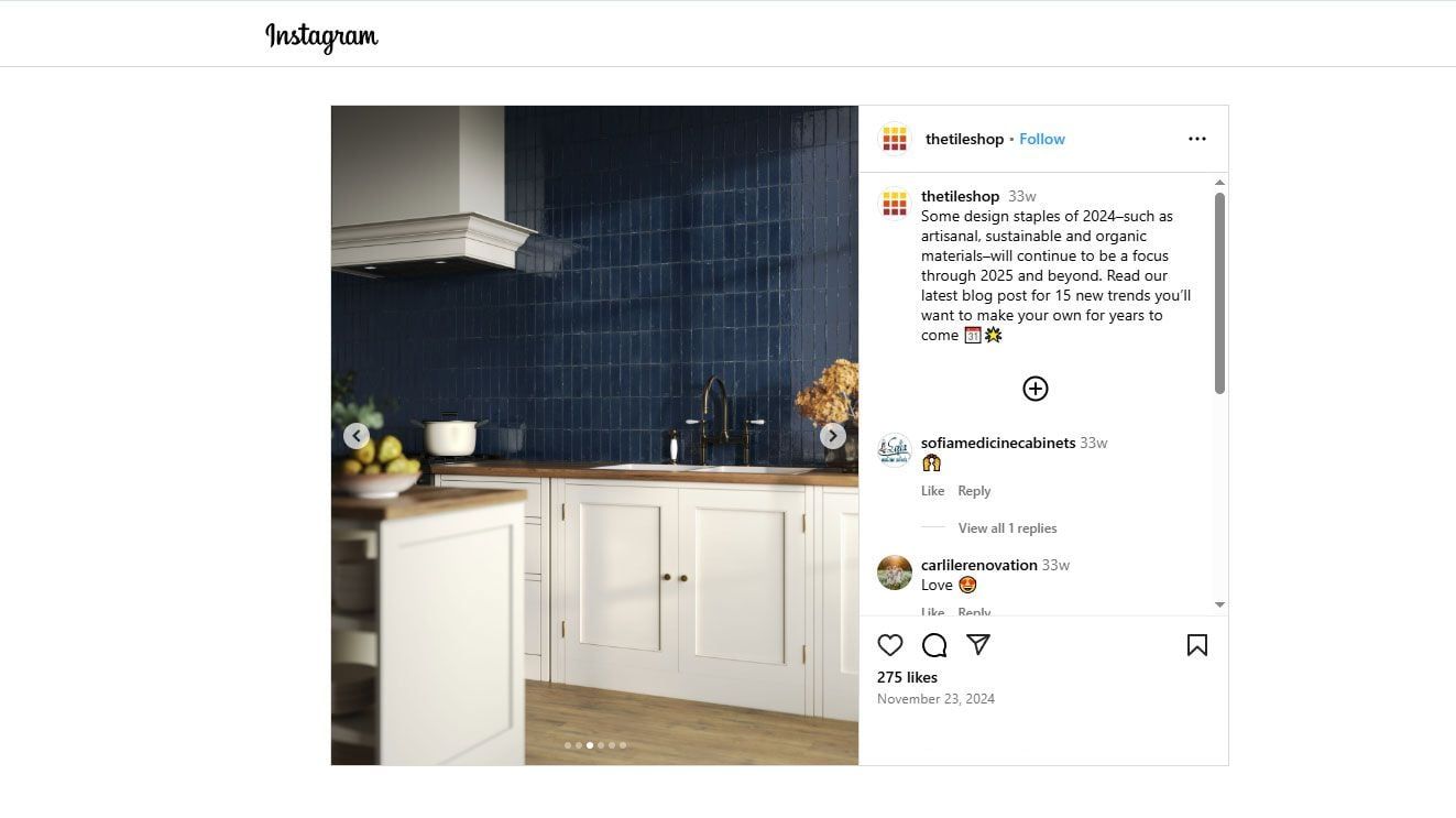 3D Visualization for tiles in a white kitchen with vertical blue backsplash, shared on Instagram
