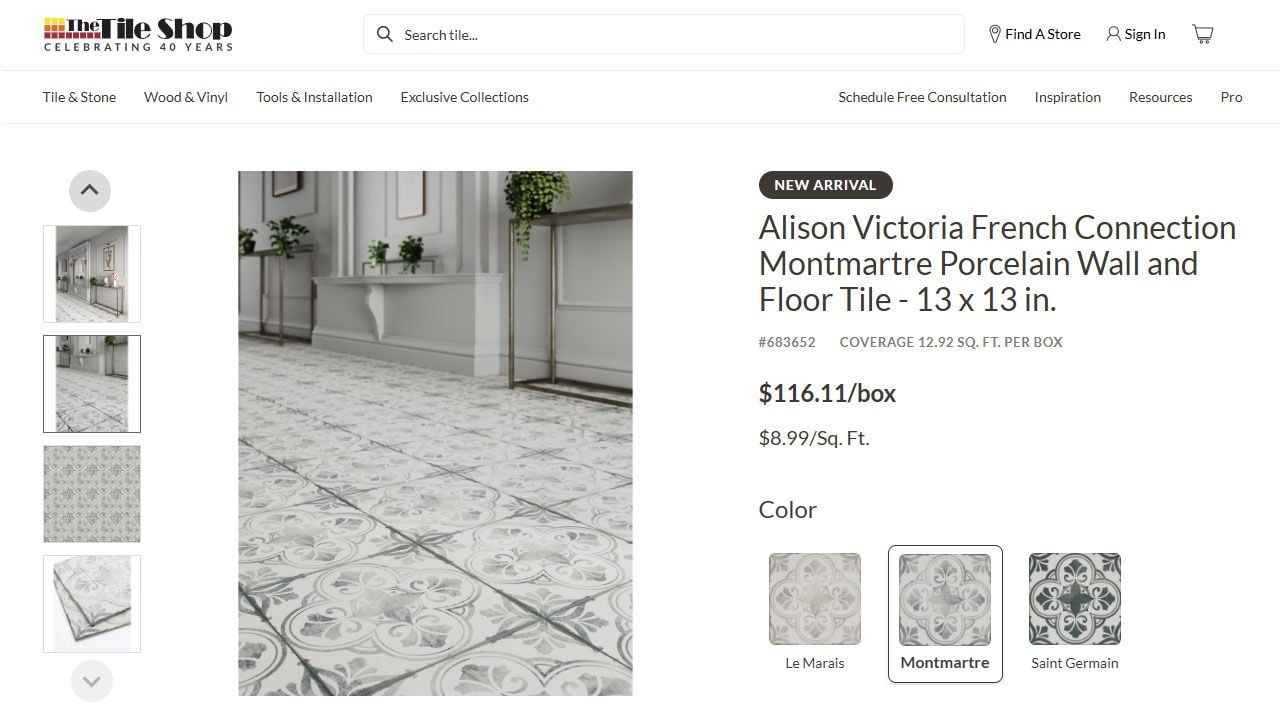 3D Visualization for tiles featuring decorative gray and white patterned porcelain floor tiles in a hallway