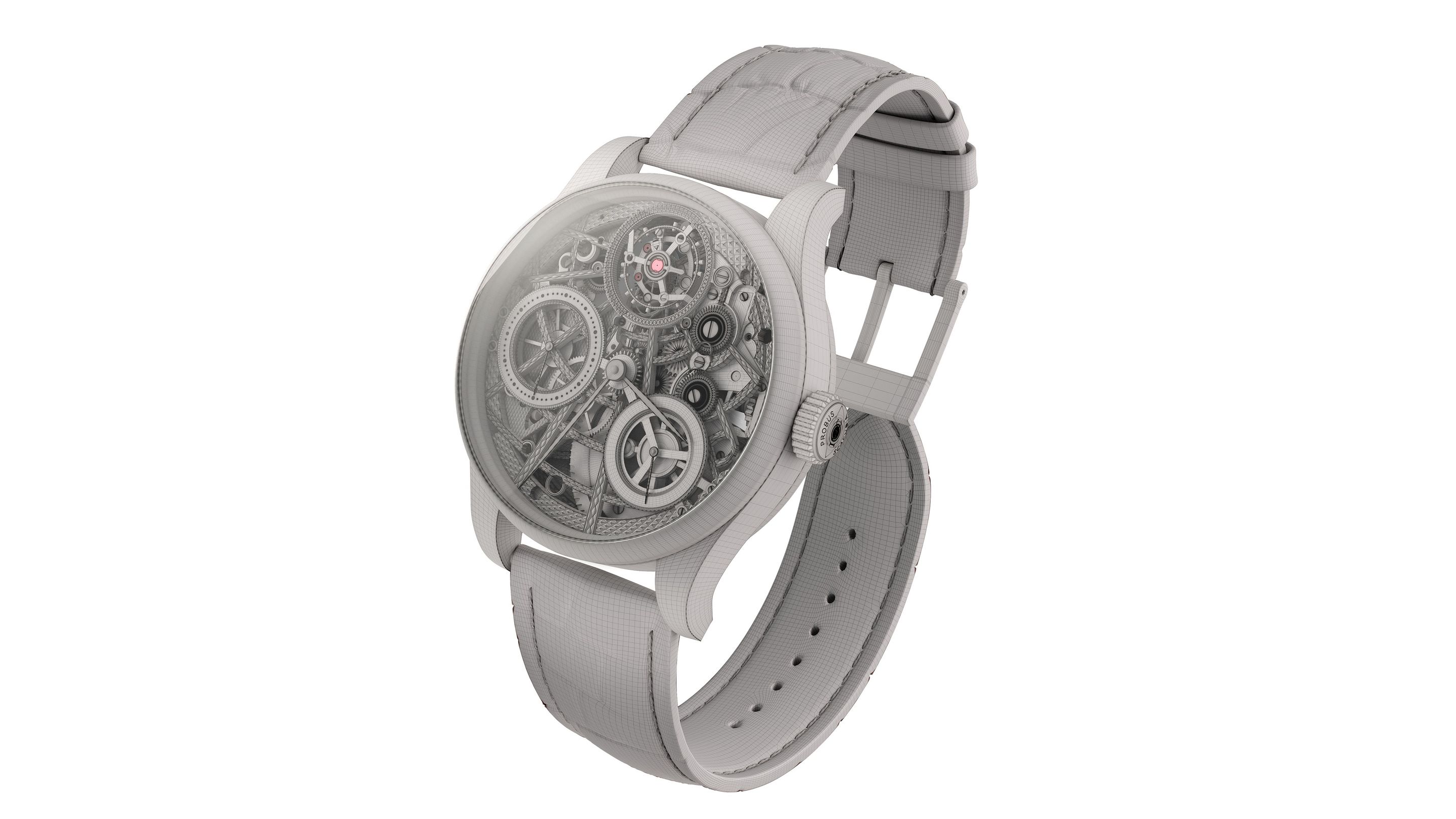 3D Rendering of a Skeleton Wristwatch in Grayscale Wireframe