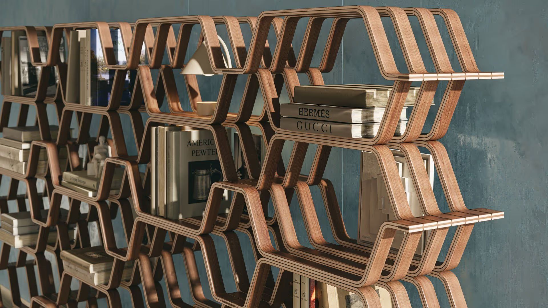 3D render of wooden shelving in a styled lifestyle interior scene