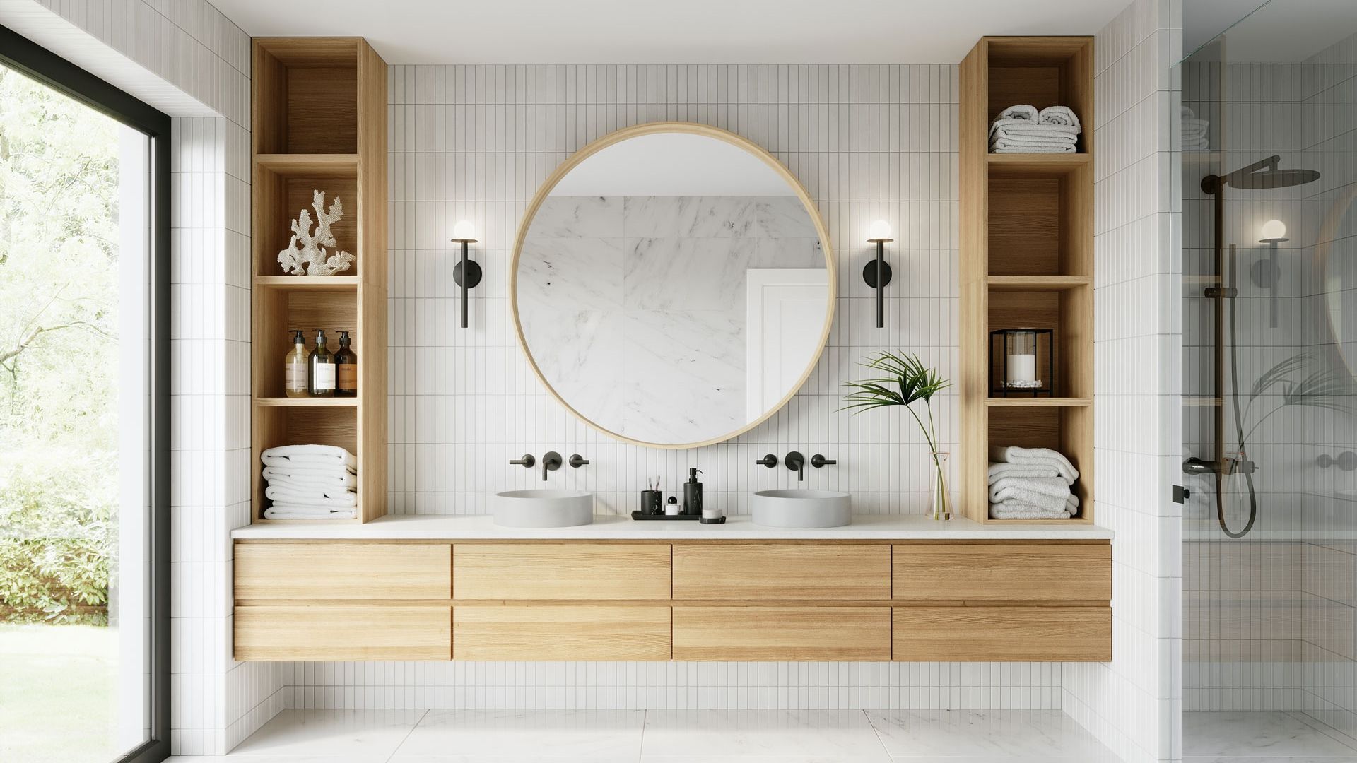 A 3D Rendering of a Bathroom Collection in a Stylish Modern Room Set