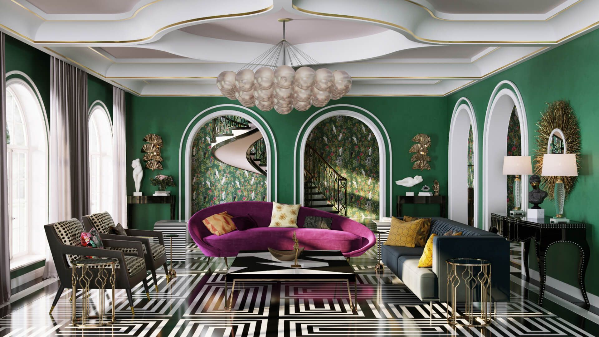 3D Rendering of a Glamorous Living Room with Luxury Furniture and Decor