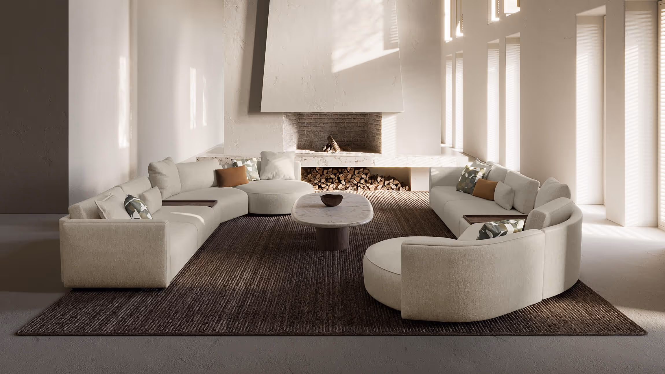 Realistic 3D rendering of a trendy living room featuring bespoke house fittings, showcasing realistic house fittings rendering and 3D interior visualization.