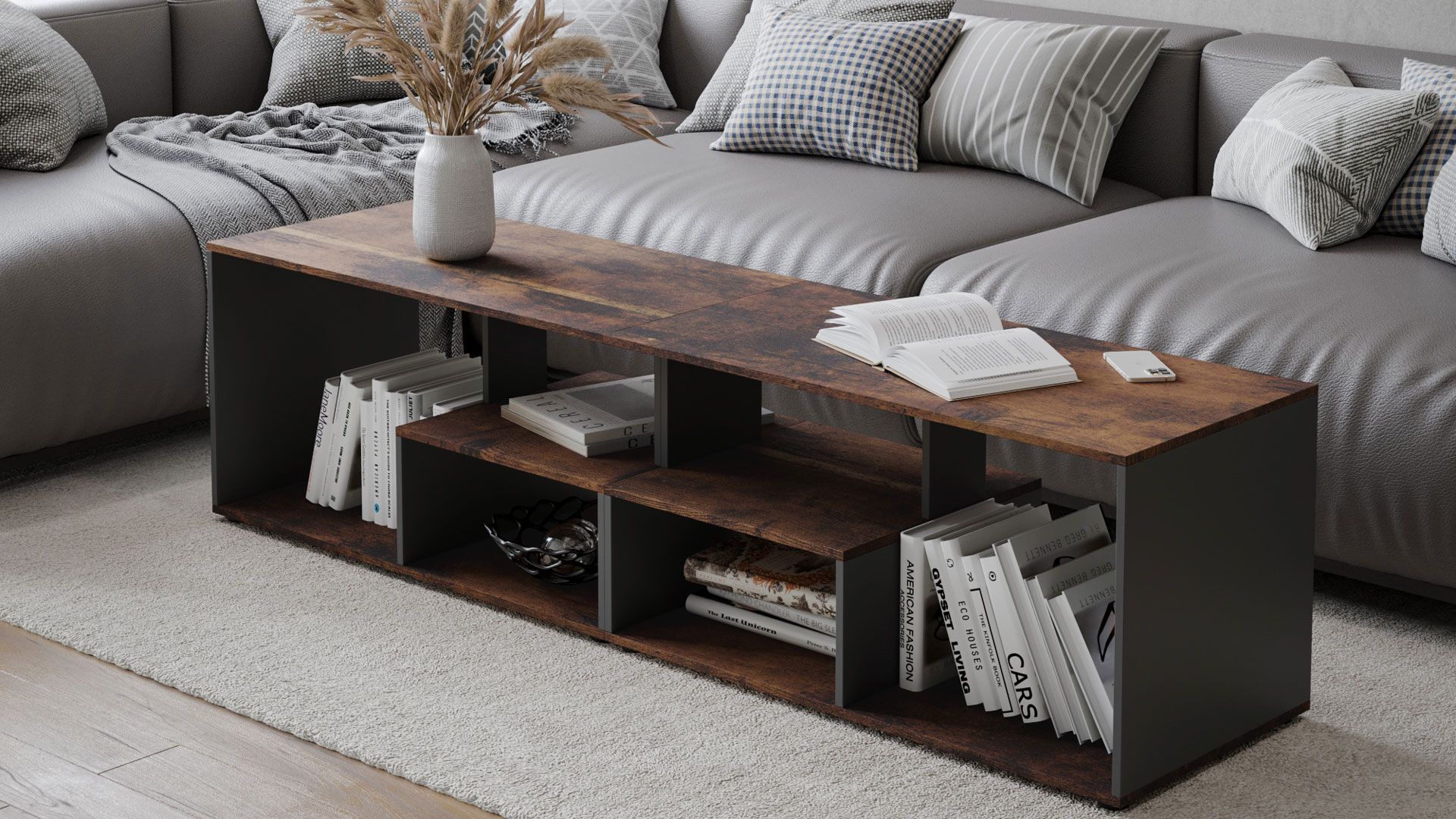 3D rendered image of a trendy wooden coffee table in a cozy living room setting, showcasing realistic house fittings and 3D interior visualization.