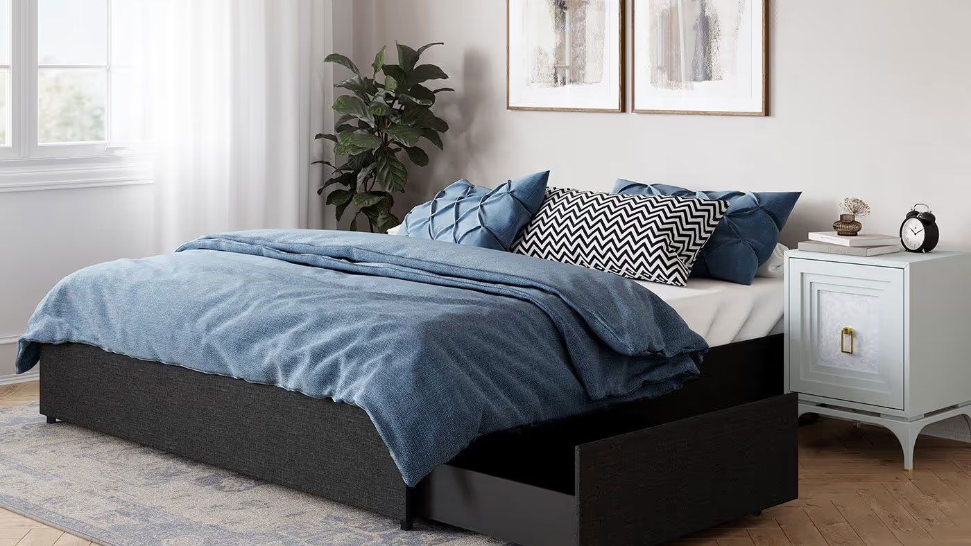 3D visualization of a modern bed with storage drawers in a cozy bedroom interior