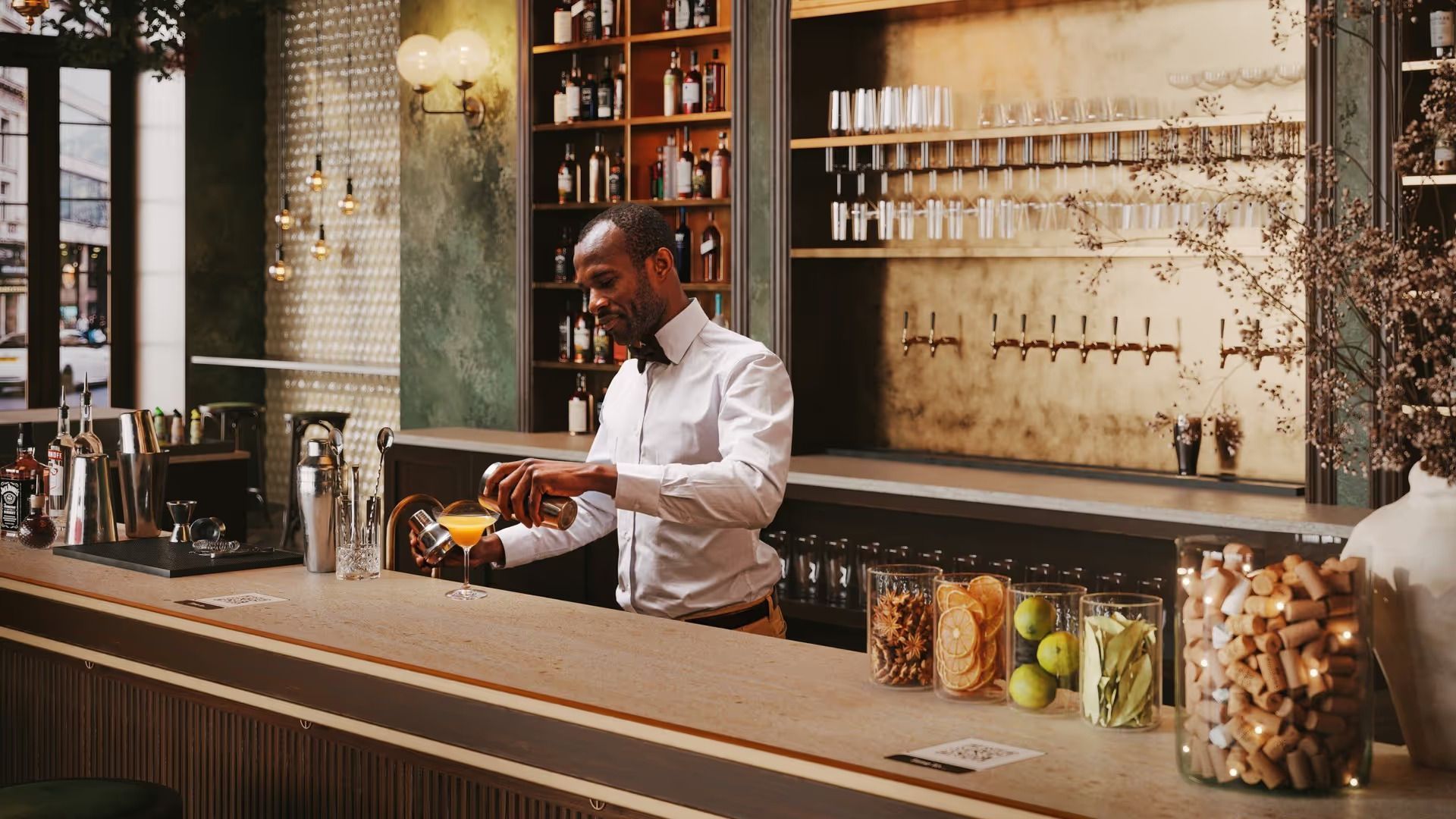 3D Rendering for bar tender pouring a drink in a bar interior