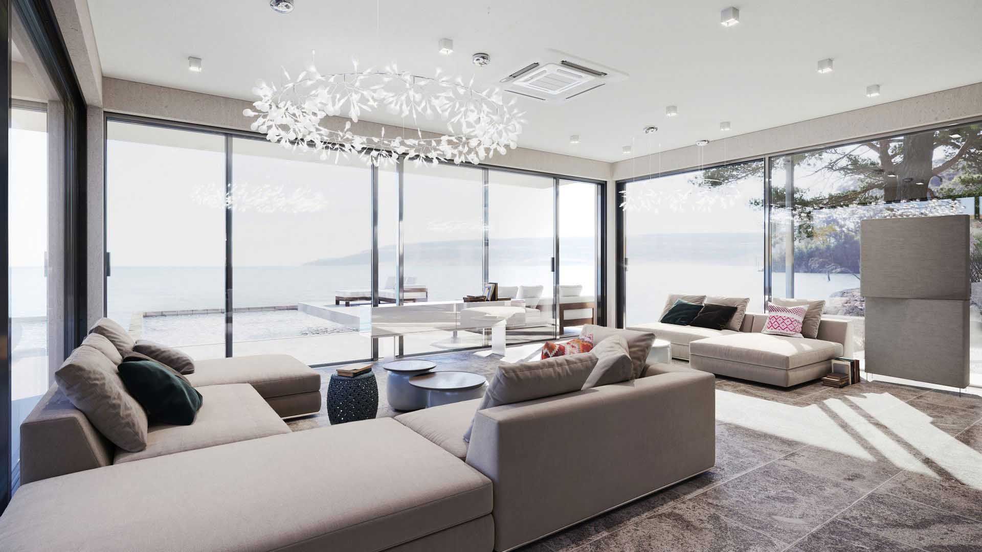 A Shot of Light Living Space with Beige Couches
