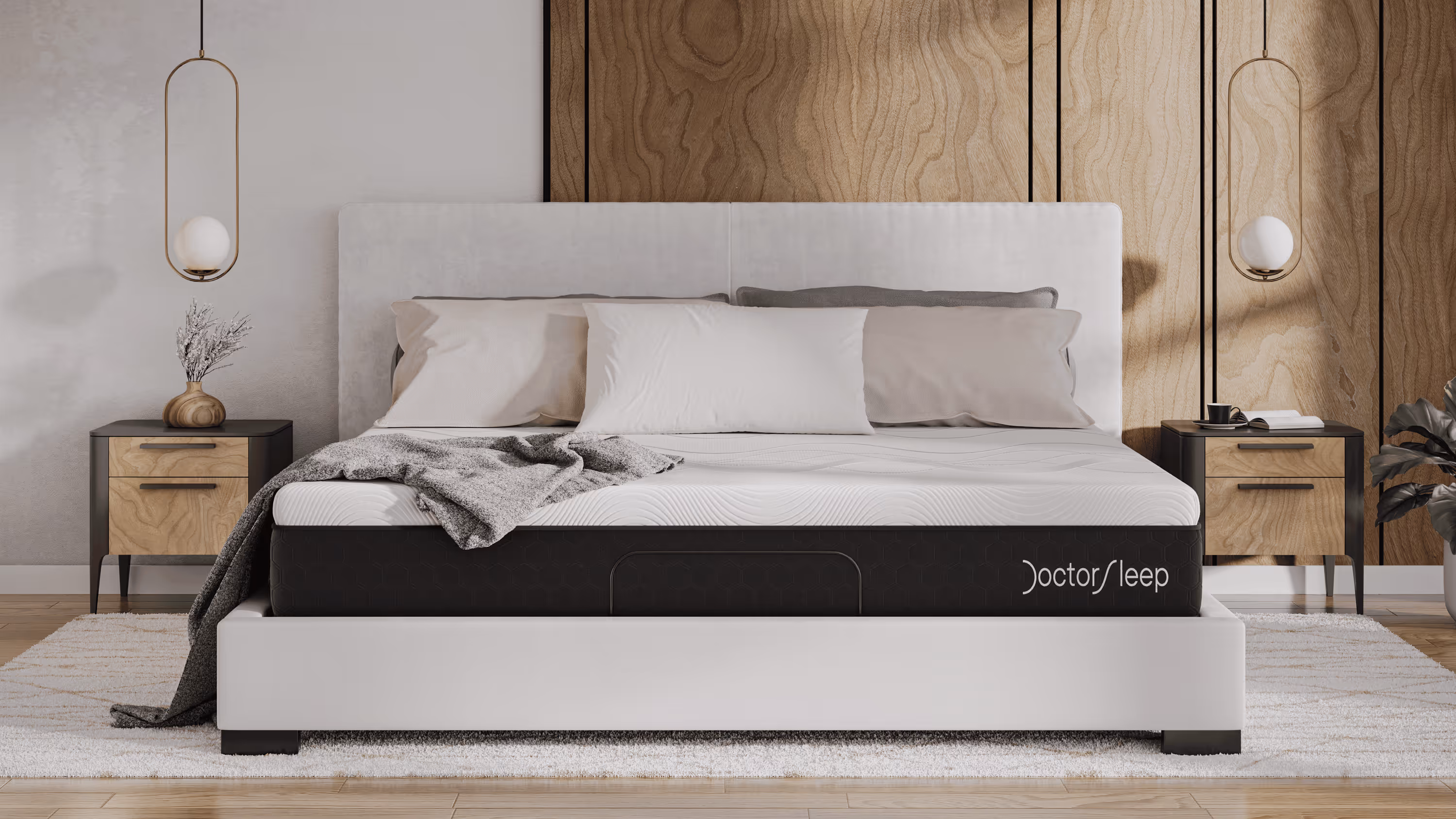 3D Rendering for a bed in a cozy bedroom with bedside cabinets and pendant lights