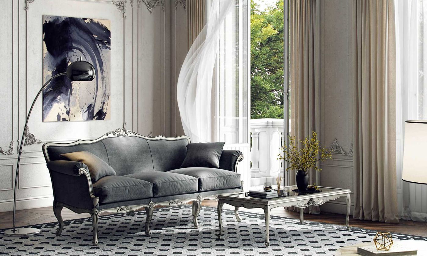 3D Rendering for a Sofa and Coffee Table next to a Balcony