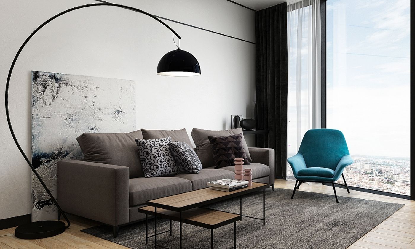 3D Rendering for an ad showing a living room with a sofa, armchair by the window, and a lamp